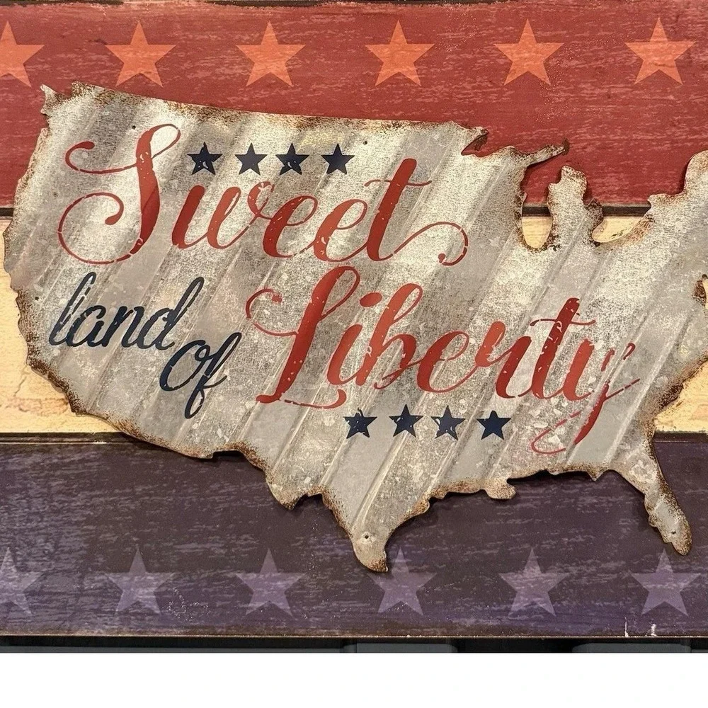 Sweet Land‎ of Liberty USA Map Metal Wood Patriotic Wall Sign Decor Americana